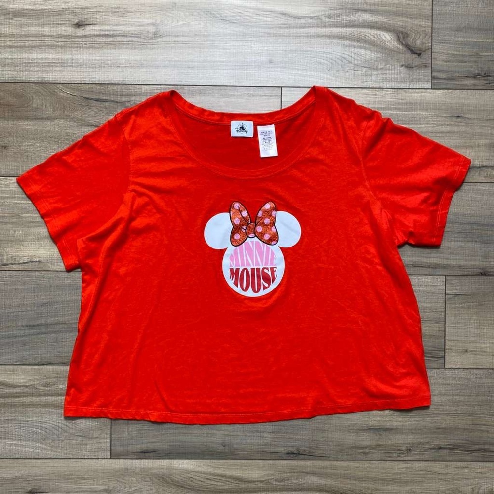 Disney Womens Minnie Mouse Icon Glitter‎ Bow Graphic Tee 1X Red-Orange